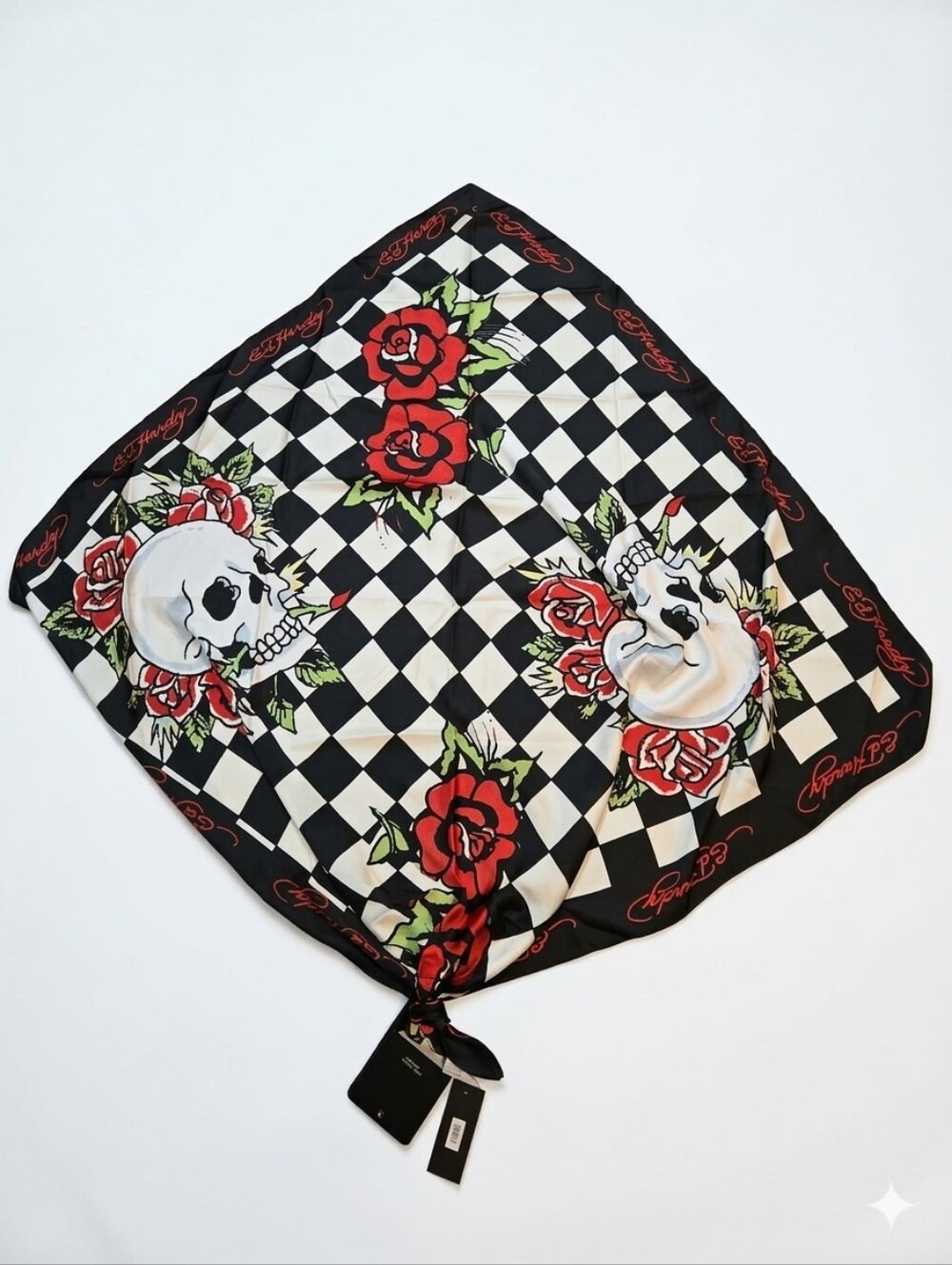 Ed Hardy Black White Checker Skull & Red Rose Scarf NWT